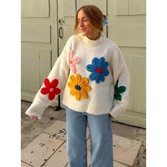 Sweaters - Women'S Elegant Floral Sweater - Pastel Floral Sweater with Red/Blue/Yellow Flow